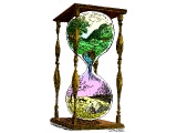 An egg timer with a rich world in the top flowing into a desert in the bottom